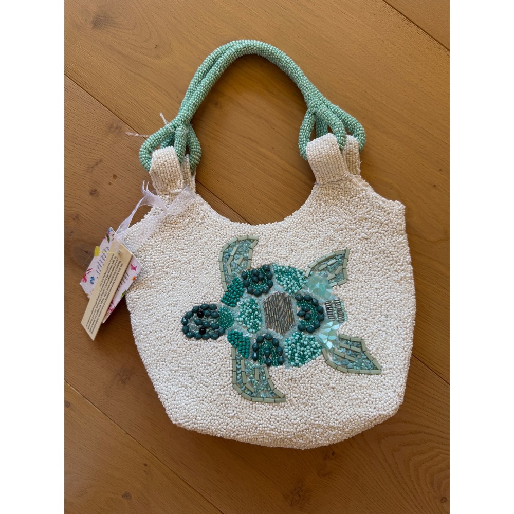 Handcrafted Beaded Sea Turtle Handbag White Teal Turquoise India Artisan NWT